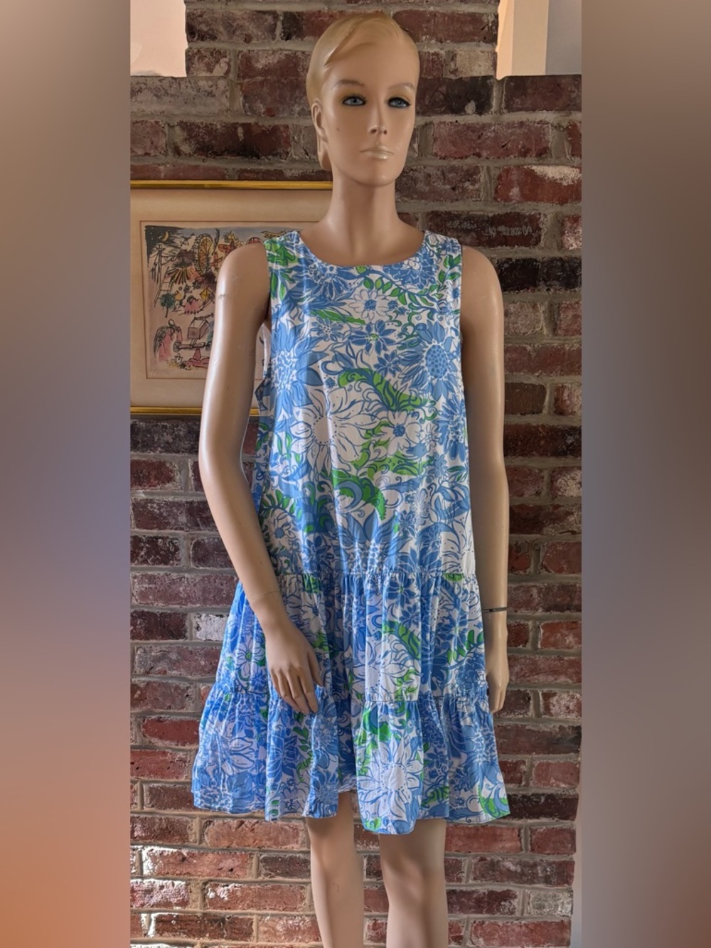 Lilly Pulitzer Blue, White & Green Floral Tiered Mini Dress